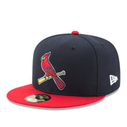New Era St. Louis Cardinals Bird Cooperstown Navy Red 59FIFTY Fitted Hat front left angle view