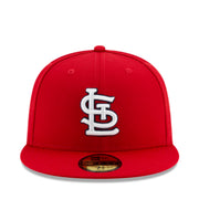 Front view of the New Era St. Louis Cardinals Red 59FIFTY Fitted Hat with raised embroidered Cardinals logo and classic fitted design.