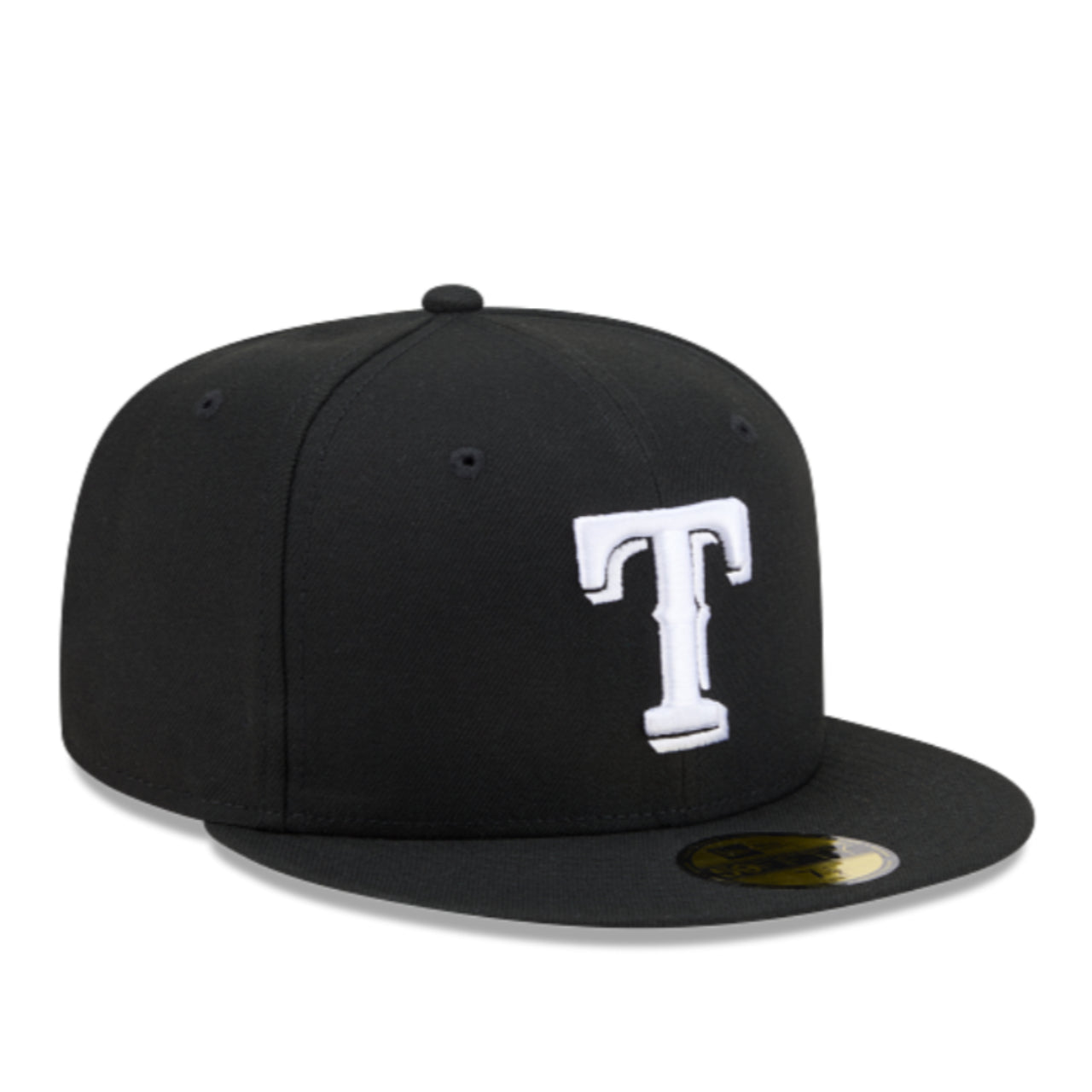 A black flat-brim baseball cap featuring a large white embroidered letter 'T' on the front, with a gold New Era sticker on the brim, set against a plain white background.