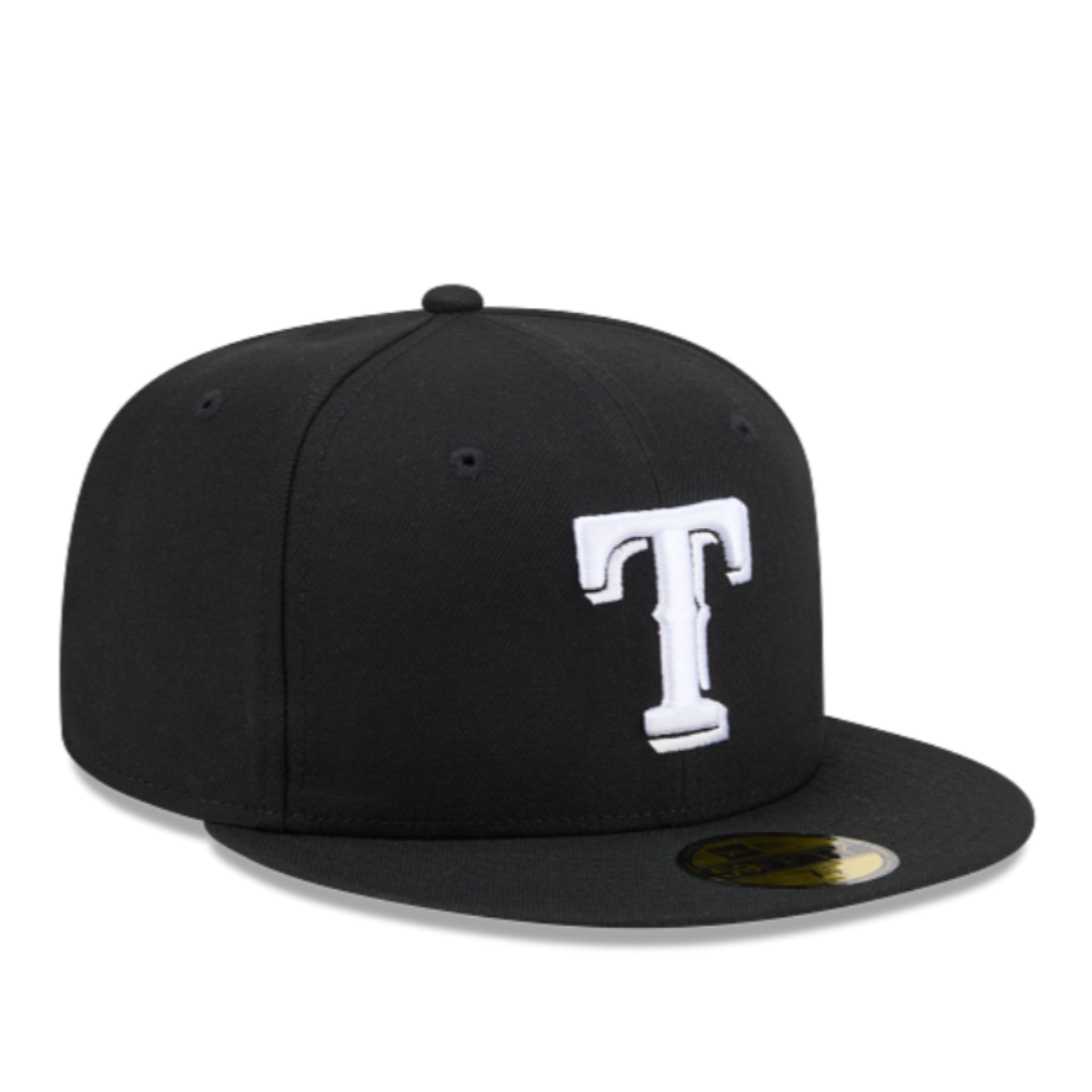 A black flat-brim baseball cap featuring a large white embroidered letter 'T' on the front, with a gold New Era sticker on the brim, set against a plain white background.