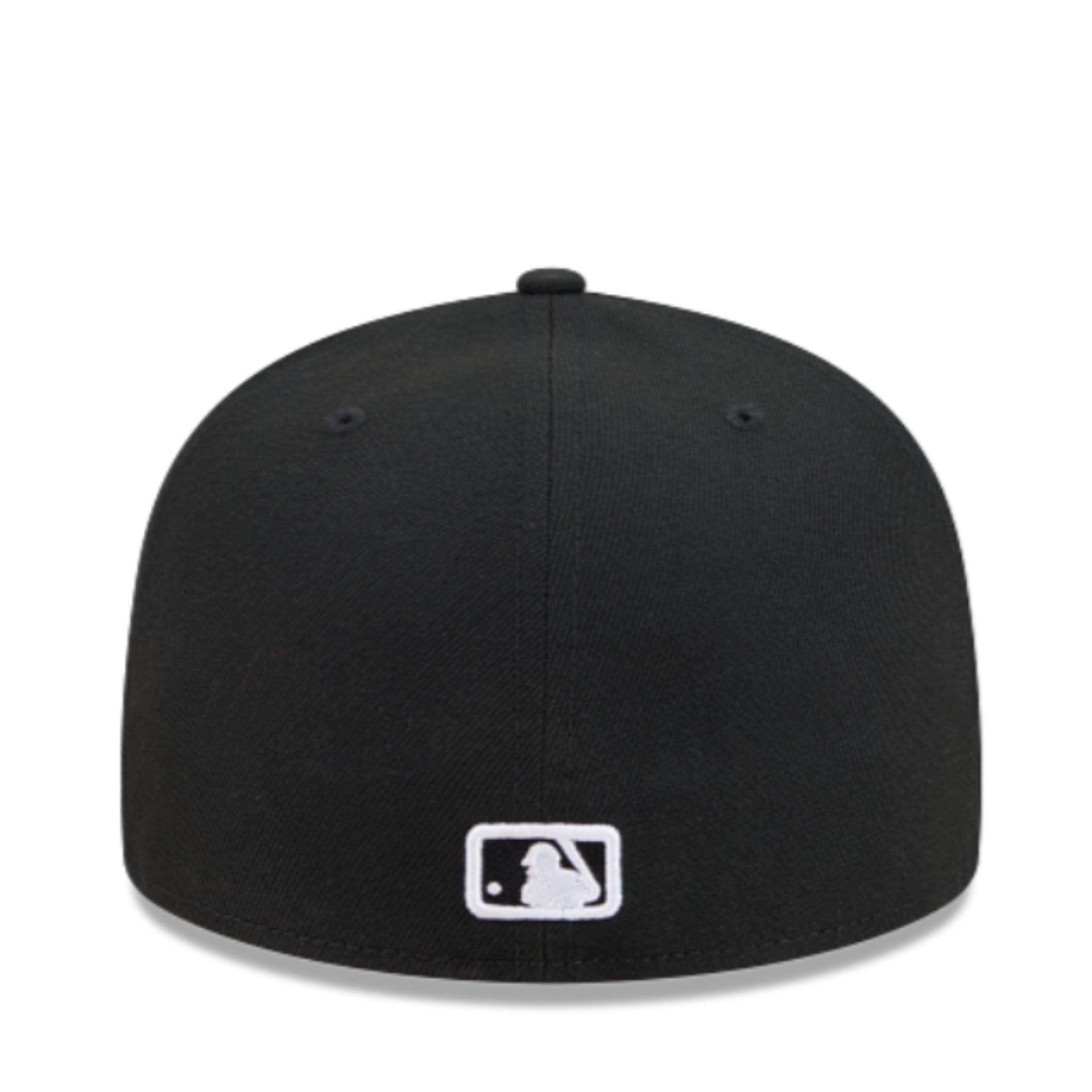 A black baseball cap with a white MLB logo patch on the front, photographed against a clean white background.