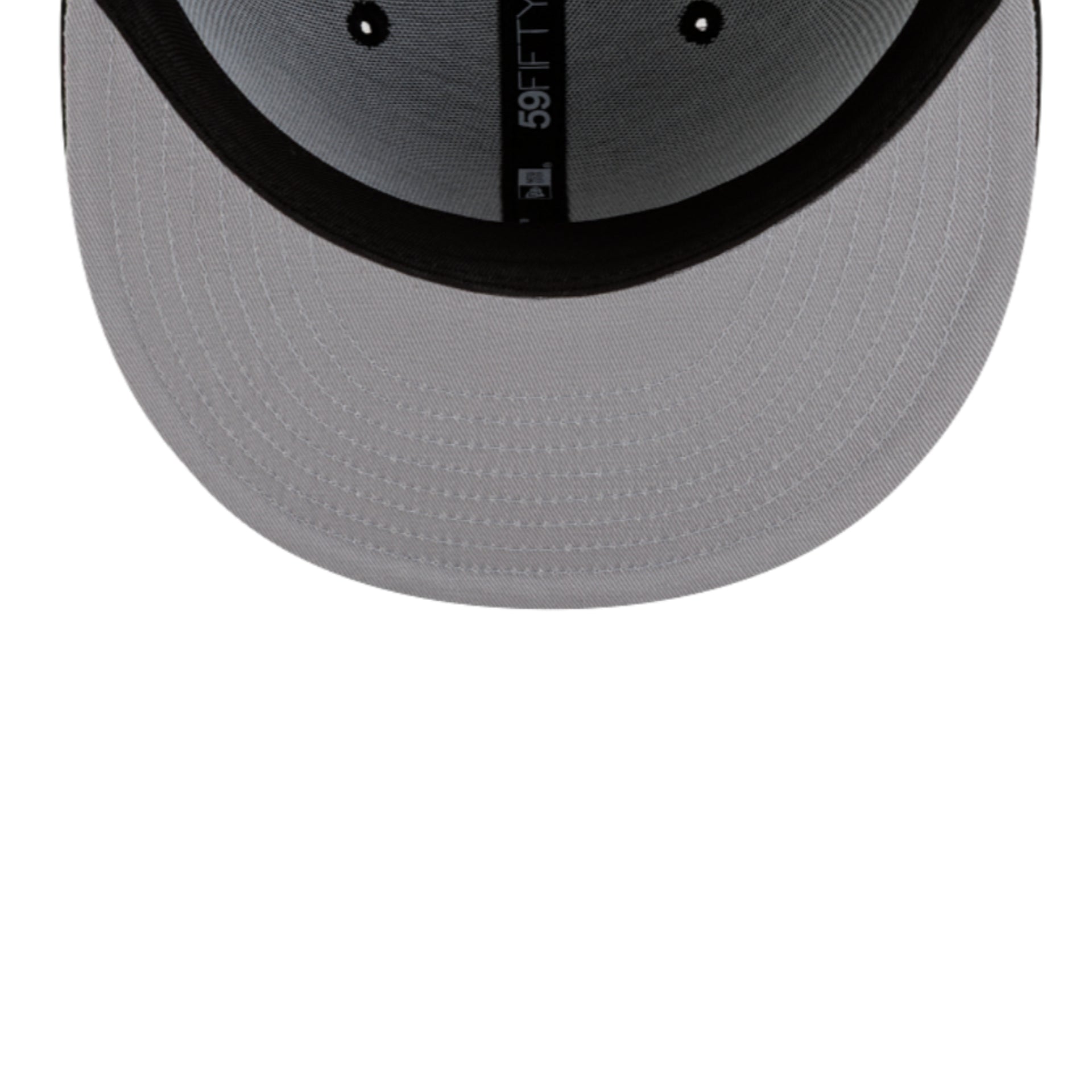 Close-up of the front of a gray and black baseball cap, showing the curved brim, black eyelets, and a vertical black band with white text reading '59FIFTY' on a white background.