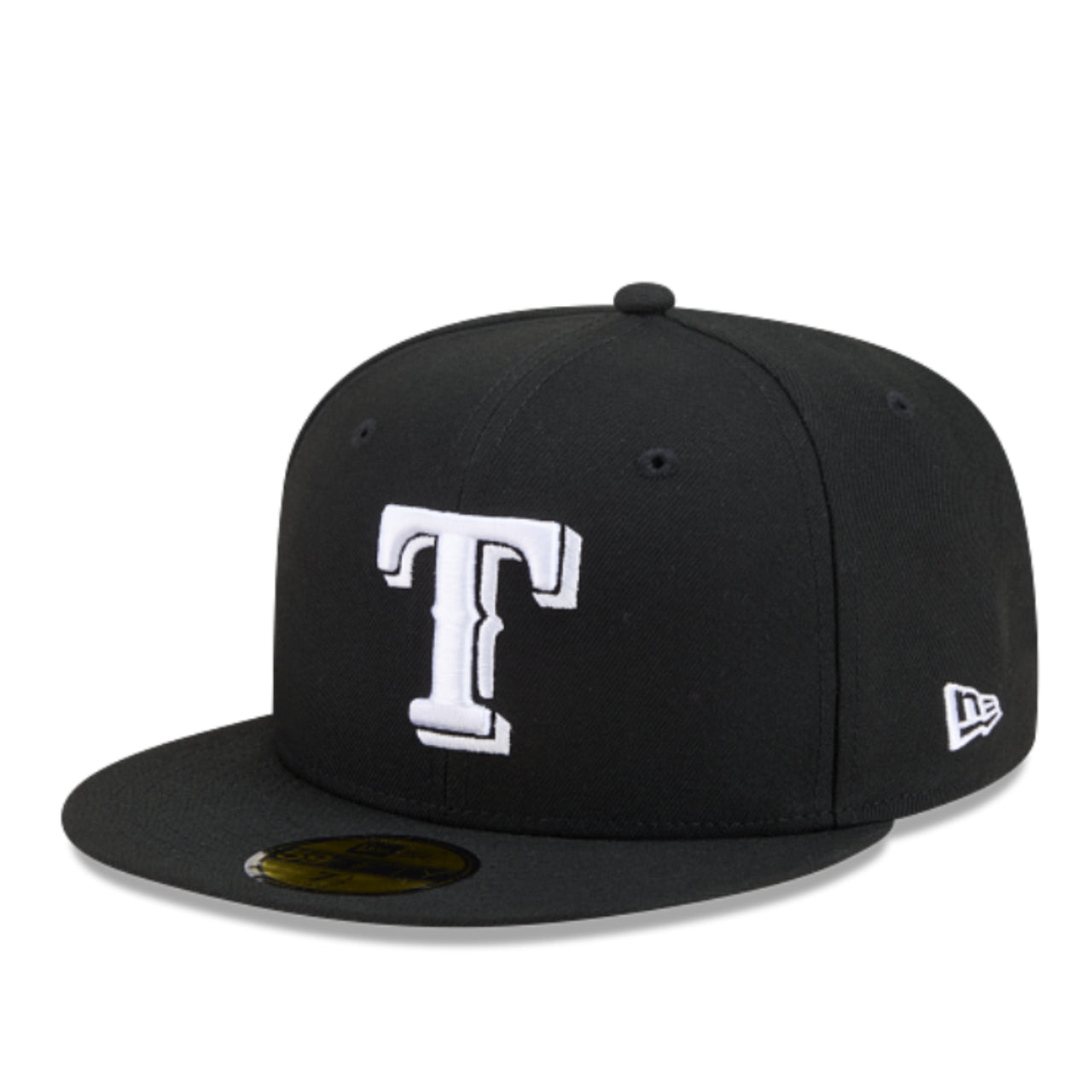 A black Texas Rangers fitted baseball cap with a white embroidered 'T' logo on the front and a white New Era logo on the side, shown on a plain white background.