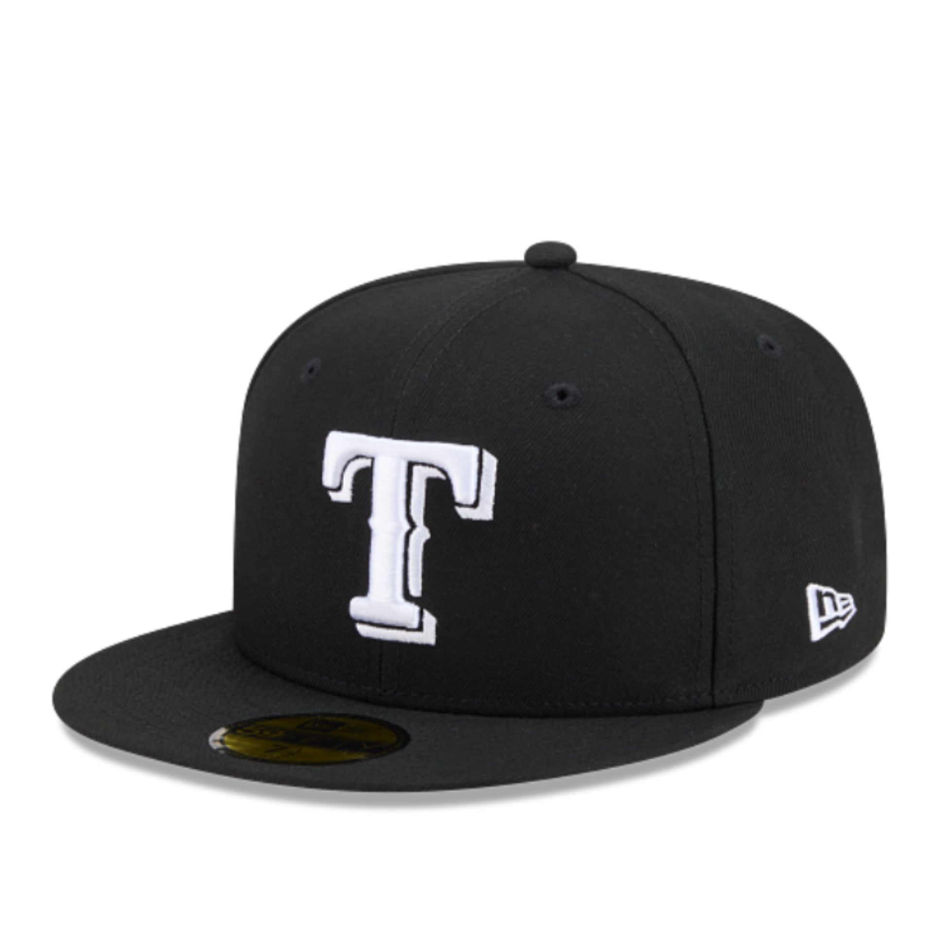 A black Texas Rangers fitted baseball cap with a white embroidered 'T' logo on the front and a white New Era logo on the side, shown on a plain white background.