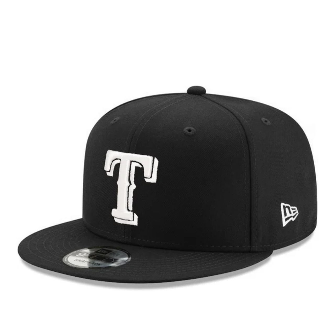 New Era Texas Rangers Black White 9FIFTY Snapback Hat front left view