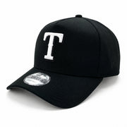 New Era Texas Rangers Black White  9FORTY A-Frame Snapback Hat front angle view