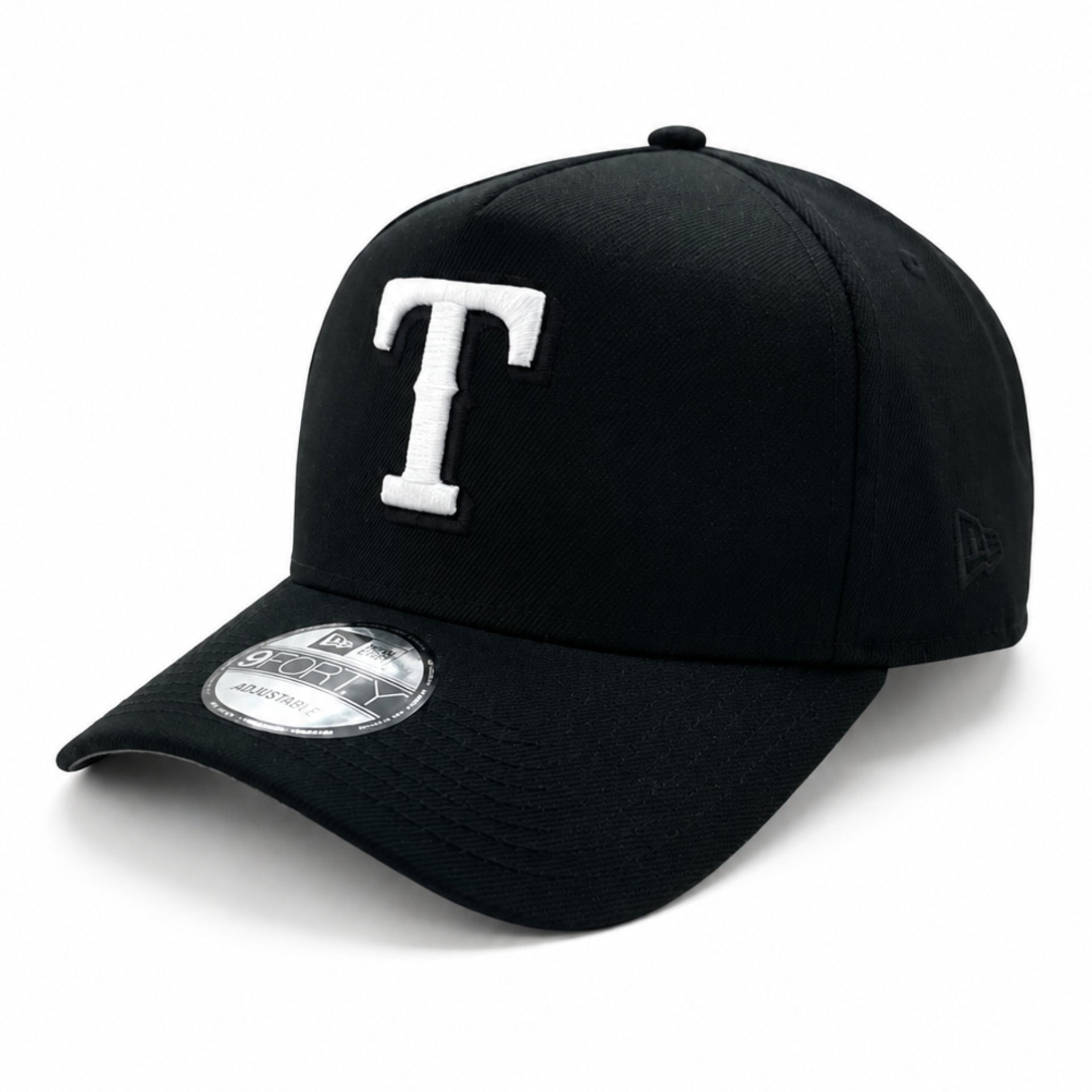 New Era Texas Rangers Black White  9FORTY A-Frame Snapback Hat front angle view