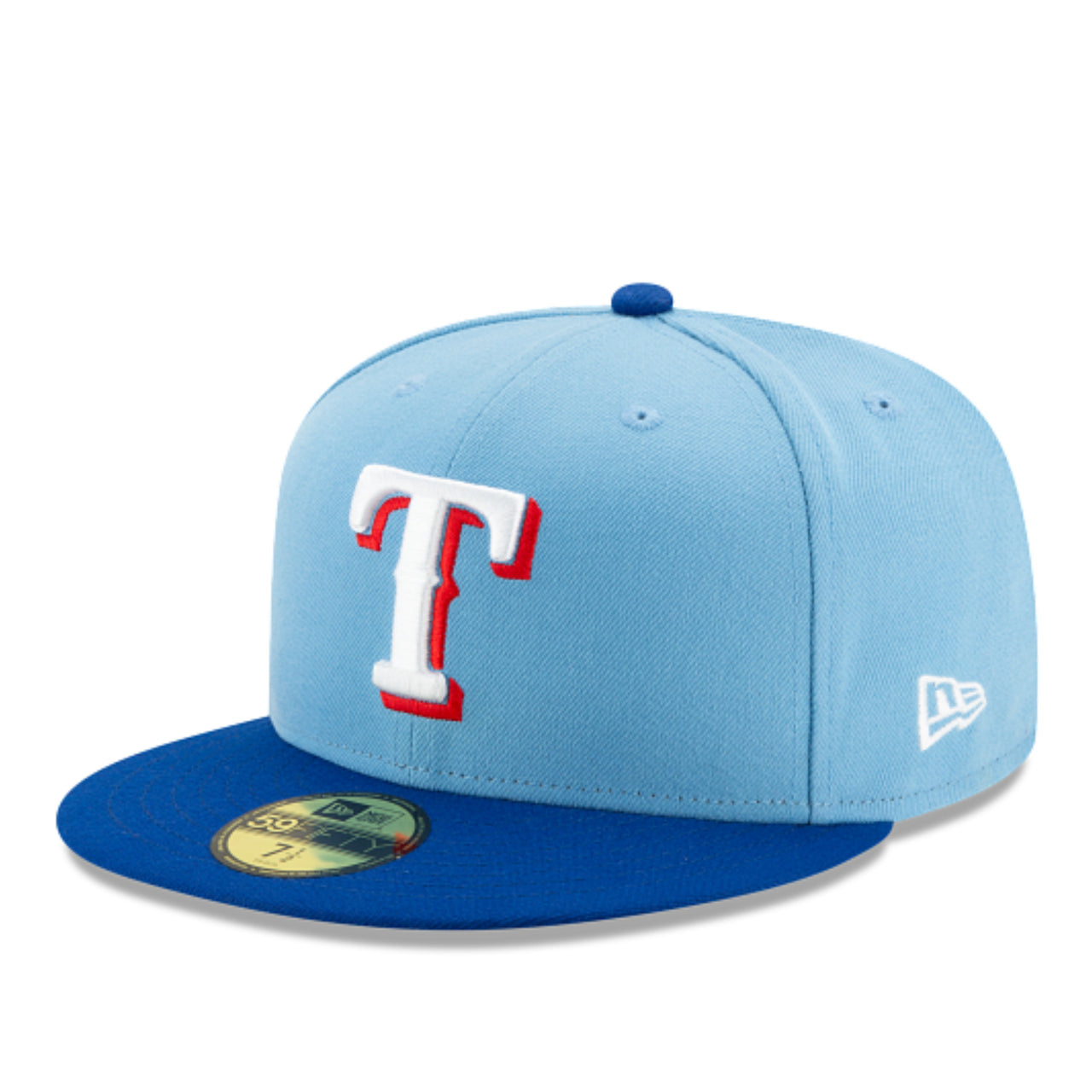 Texas Rangers New Era 59FIFTY fitted cap featuring a sky blue crown, royal blue visor, and raised embroidered team logo, front left view