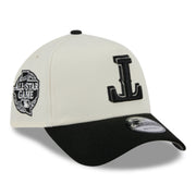New Era Texas Rangers Upside Down Chrome Black 9FORTY A-Frame Snapback Hat front right angle view
