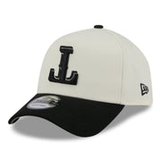 New Era Texas Rangers Upside Down Chrome Black 9FORTY A-Frame Snapback Hat front left angle view
