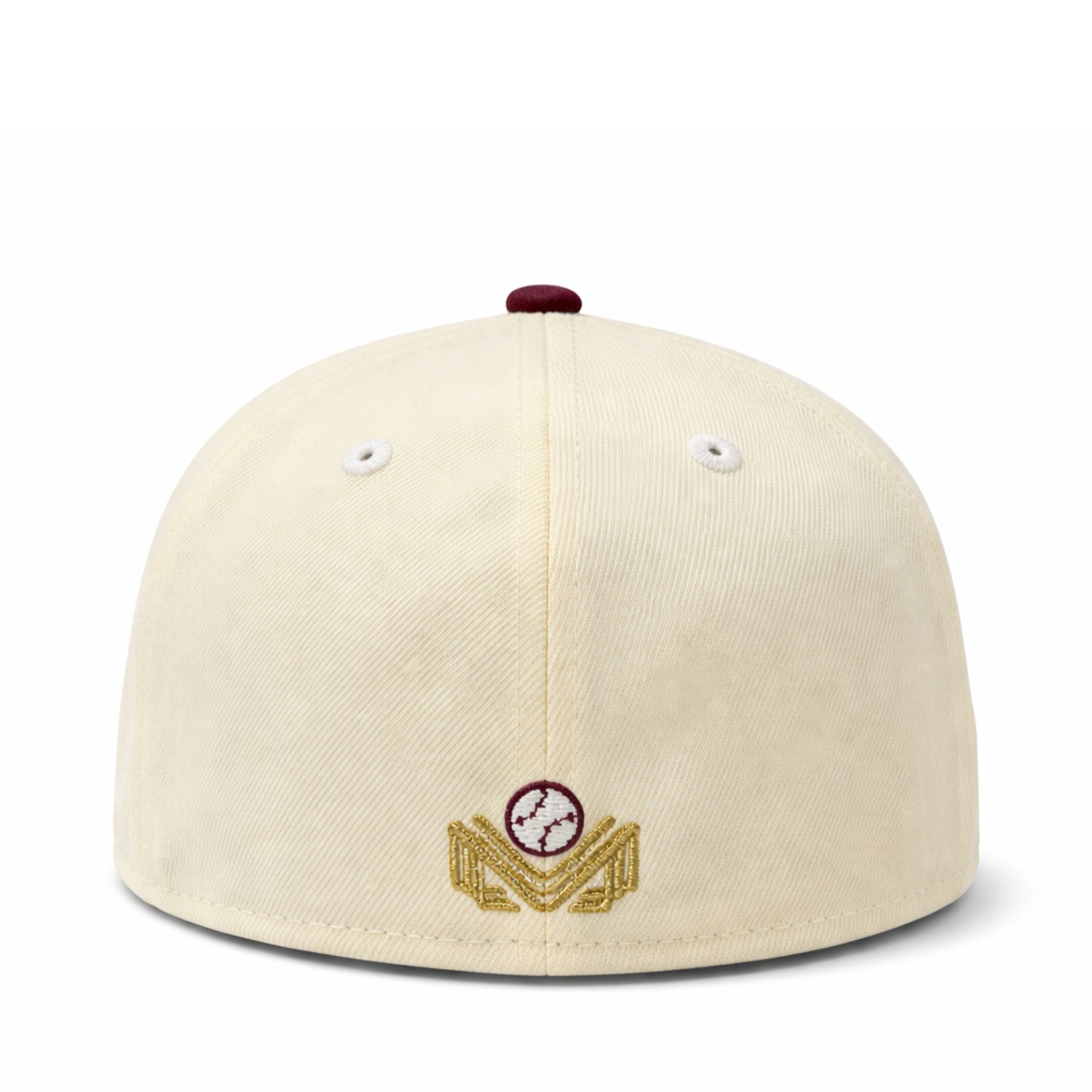 Beige baseball cap with a logo on the side against a white background