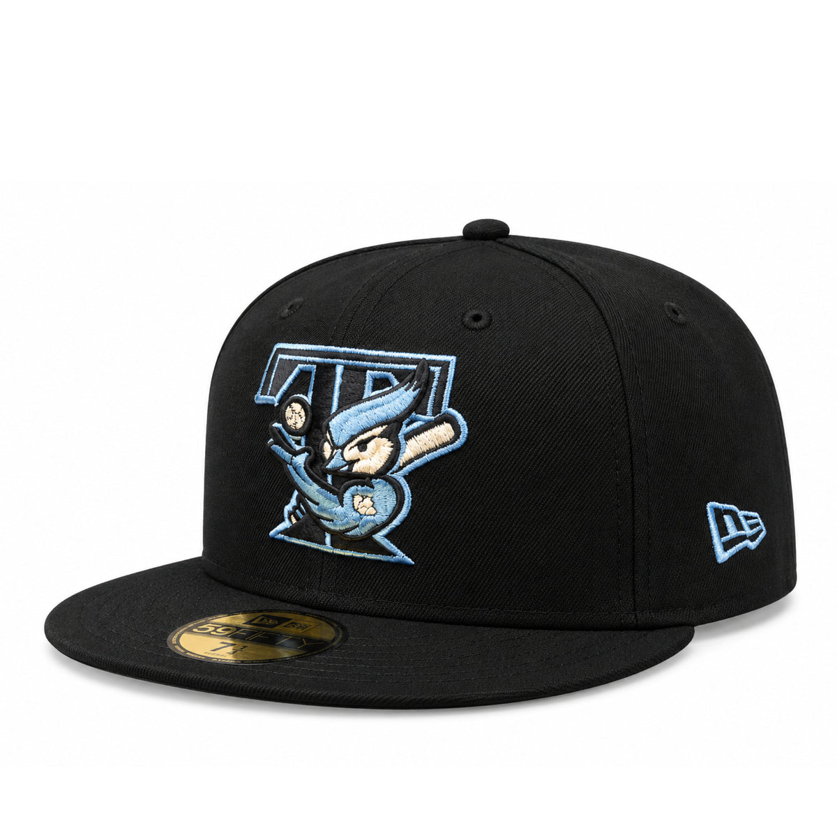 Angled view of Toronto Blue Jays black 59FIFTY fitted cap featuring sky blue bird mascot embroidery and New Era side flag