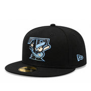 Angled view of Toronto Blue Jays black 59FIFTY fitted cap featuring sky blue bird mascot embroidery and New Era side flag