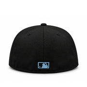 Rear view of New Era Toronto Blue Jays black 59FIFTY fitted hat featuring sky blue MLB batterman embroidery and closed back
