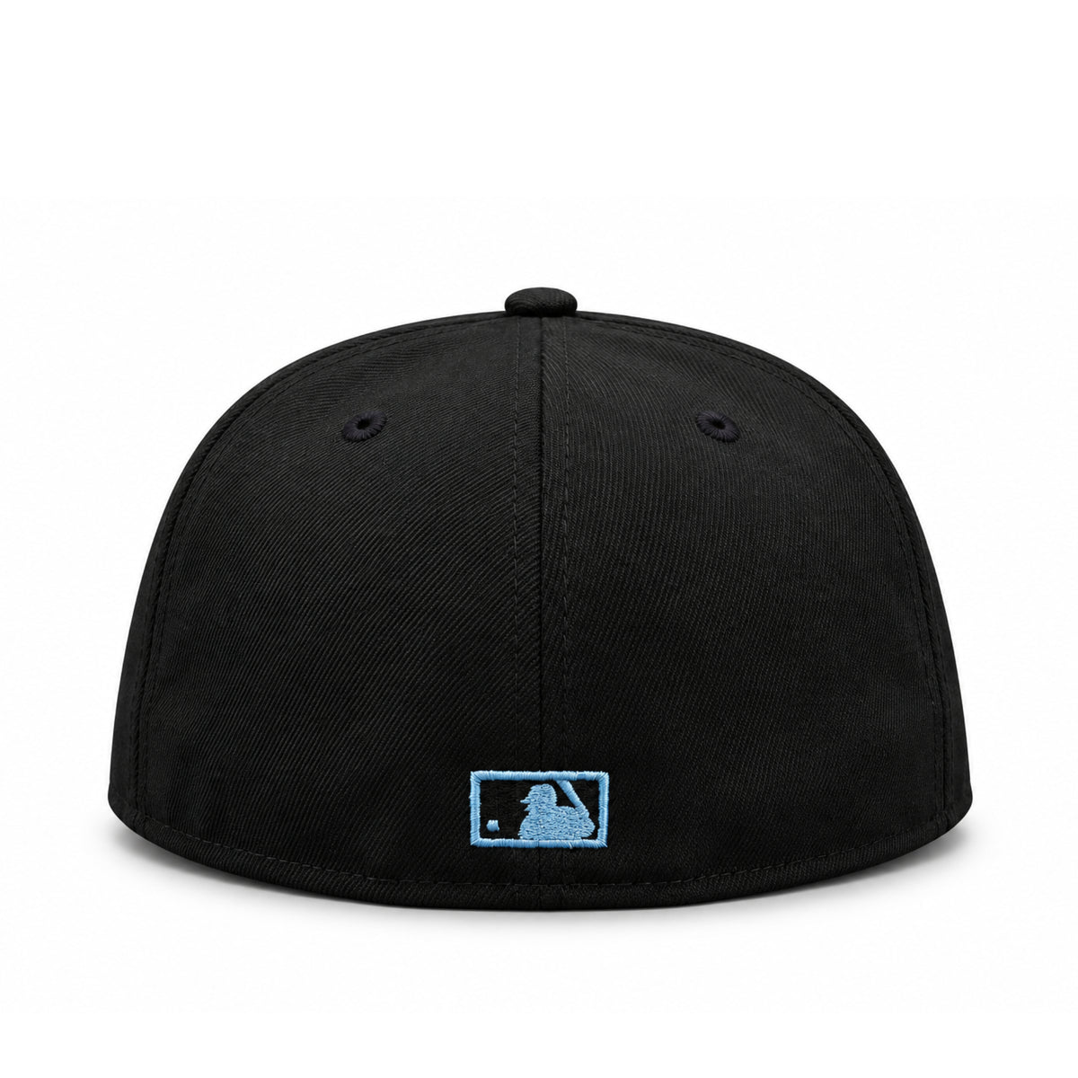 Rear view of New Era Toronto Blue Jays black 59FIFTY fitted hat featuring sky blue MLB batterman embroidery and closed back