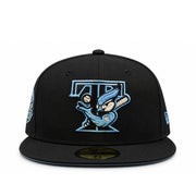 Front view of New Era Toronto Blue Jays 59FIFTY black fitted hat with retro sky blue and cream bird mascot logo