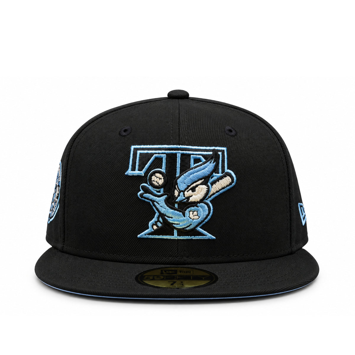 Front view of New Era Toronto Blue Jays 59FIFTY black fitted hat with retro sky blue and cream bird mascot logo