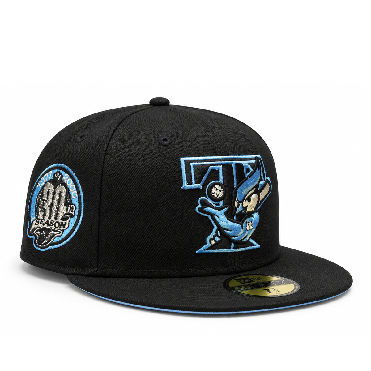 New Era Toronto Blue Jays 30th Anniversary black 59FIFTY fitted hat with sky blue retro bird logo and commemorative side patch