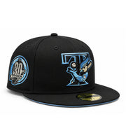 New Era Toronto Blue Jays 30th Anniversary black 59FIFTY fitted hat with sky blue retro bird logo and commemorative side patch