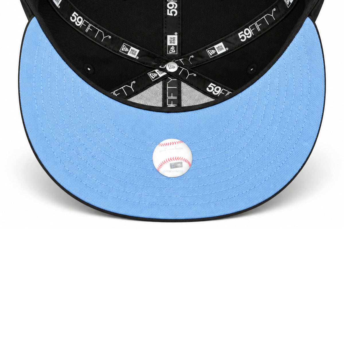 Underside view of Toronto Blue Jays black 59FIFTY fitted cap showing sky blue undervisor, Cooperstown label and New Era interior taping