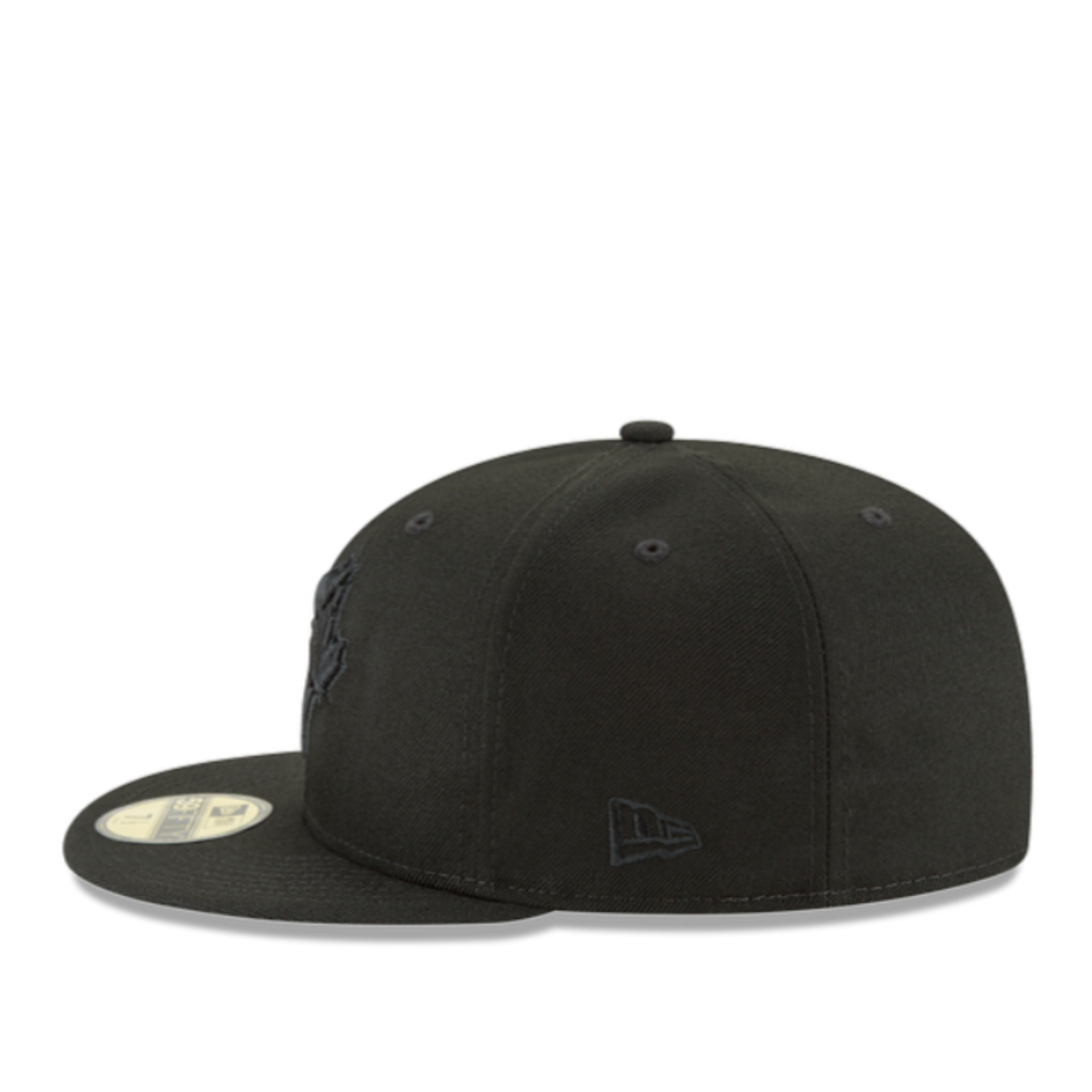 left Side View of New Era Toronto Blue Jays Black on Black 59FIFTY Fitted Hat