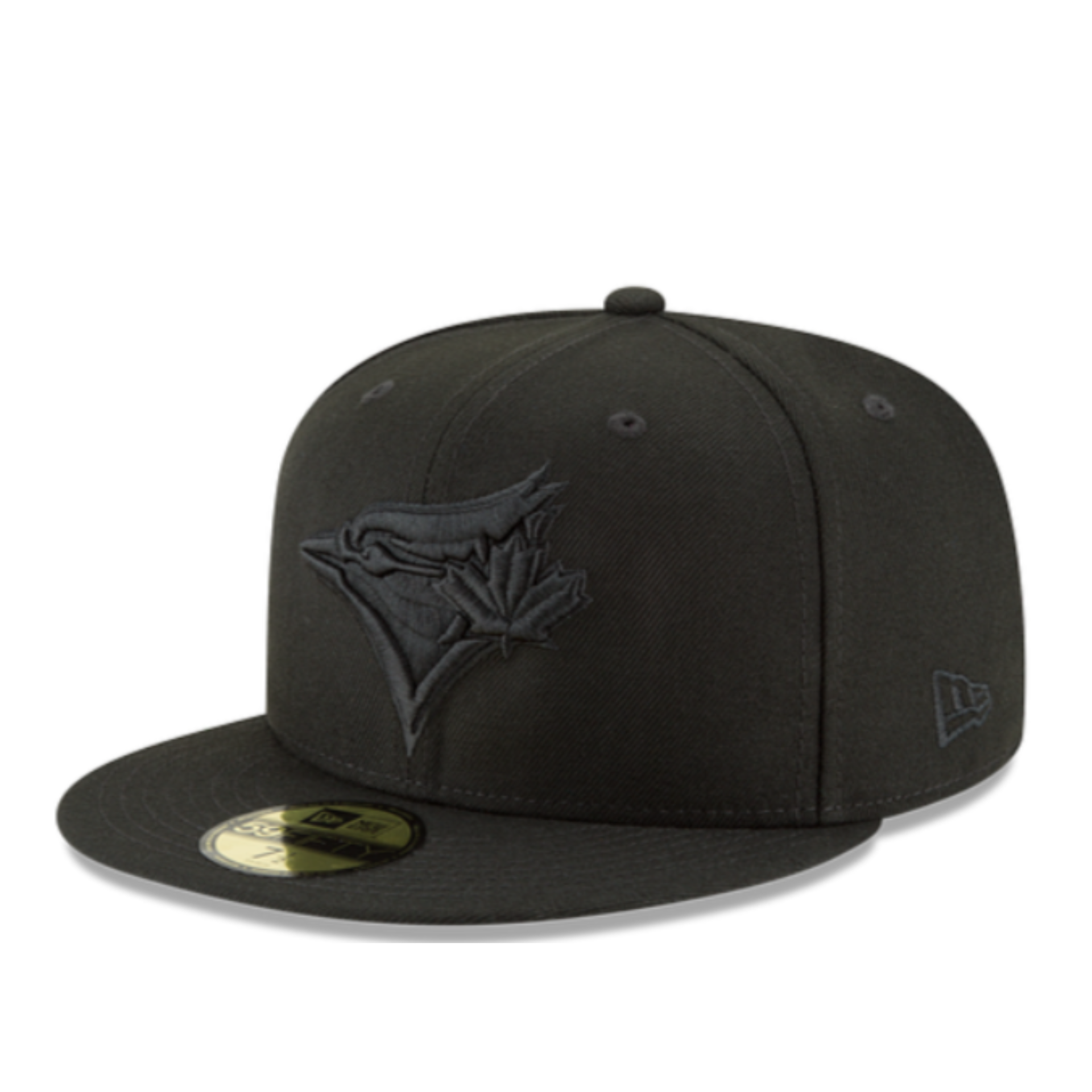 New Era Toronto Blue Jays Black on Black 59FIFTY Fitted Hat front angle view