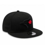 New Era Toronto Blue Jays 9FIFTY Snapback Hat Black Red Edition front right angle view