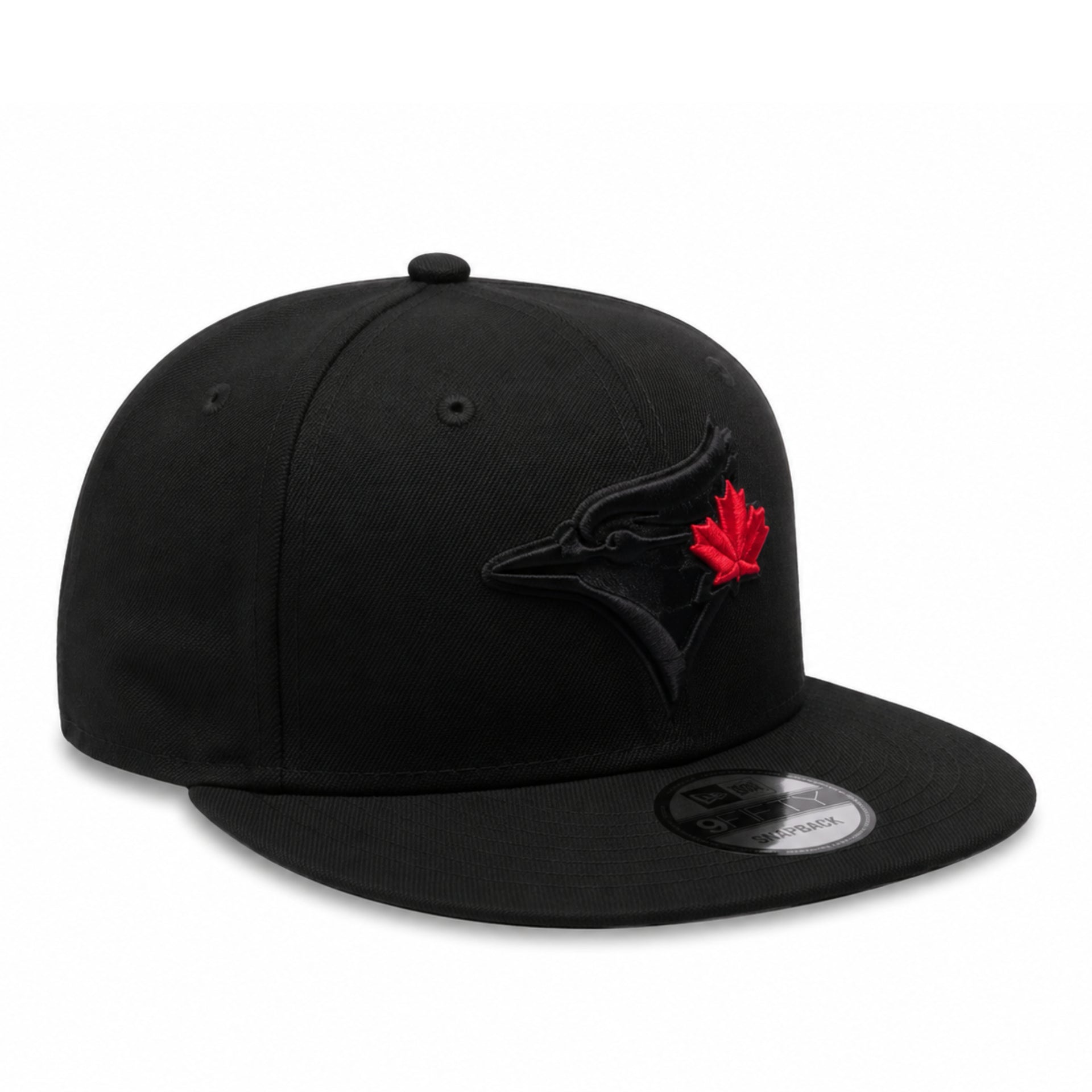 New Era Toronto Blue Jays 9FIFTY Snapback Hat Black Red Edition front right angle view