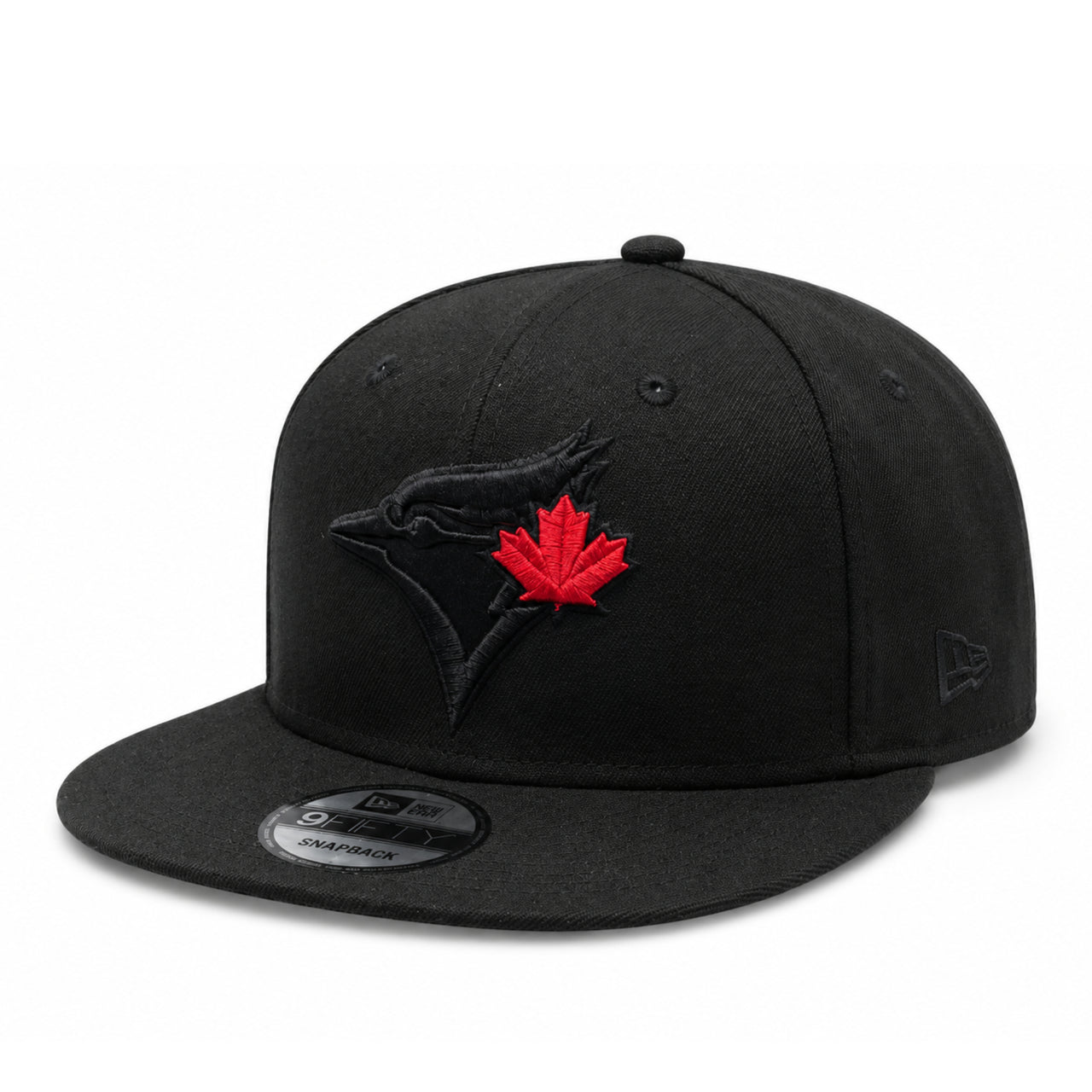 New Era Toronto Blue Jays 9FIFTY Snapback Hat Black Red Edition front left angle view