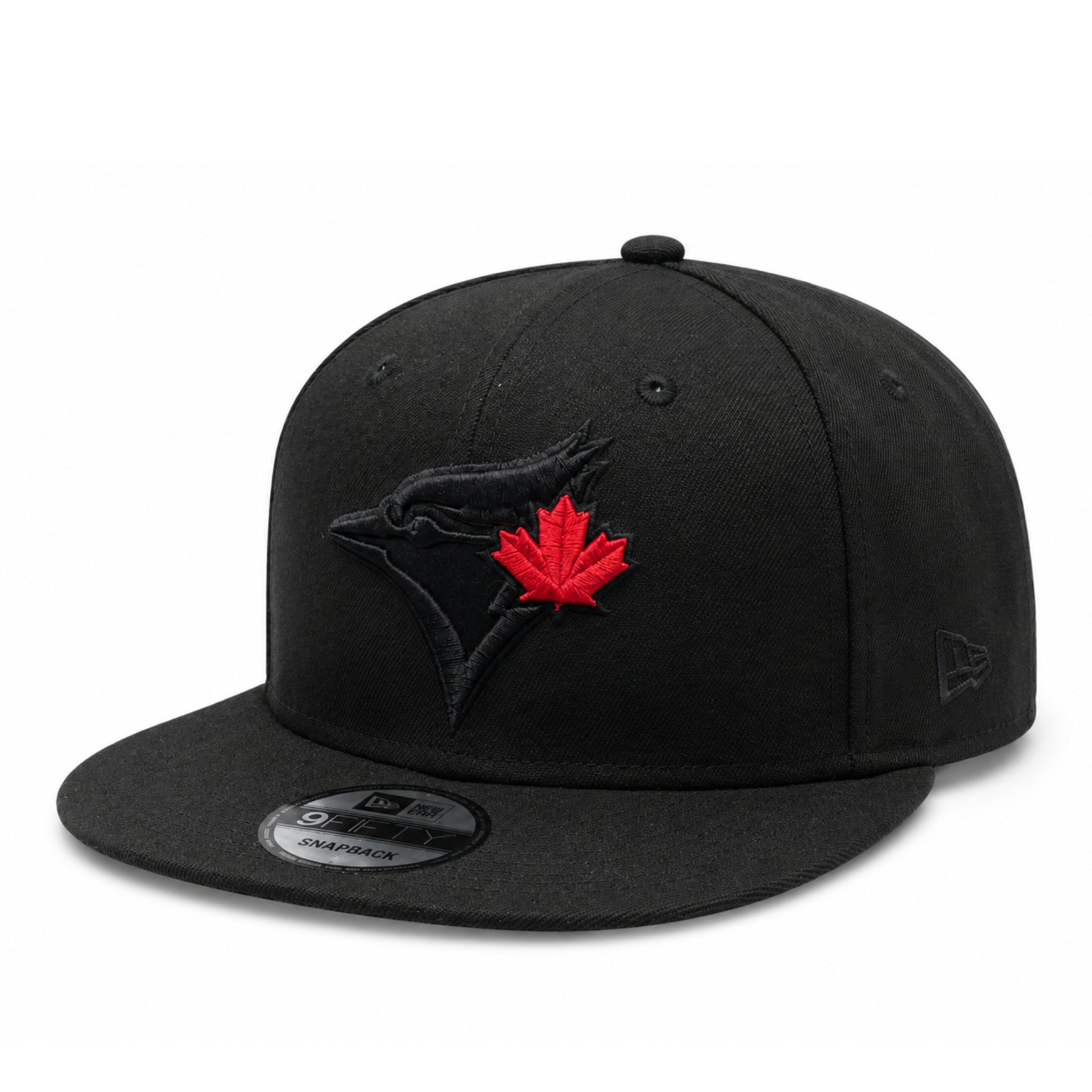 New Era Toronto Blue Jays 9FIFTY Snapback Hat Black Red Edition front left angle view