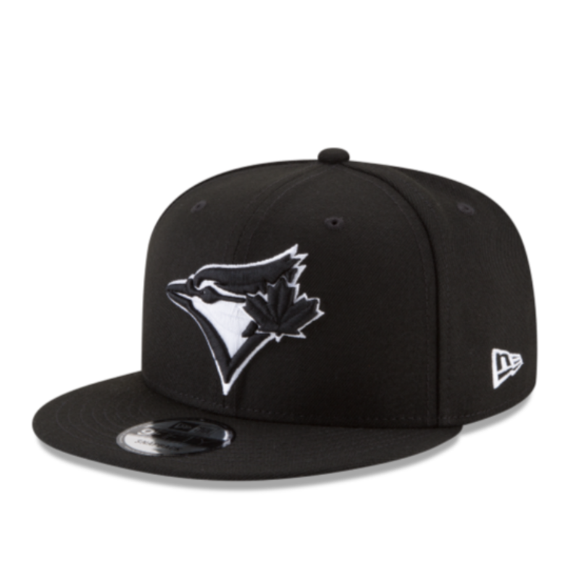 Front Left Angle View of New Era Toronto Blue Jays Black White 9FIFTY Snapback Hat 