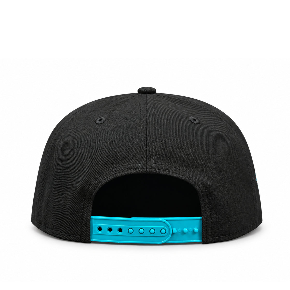 Rear view of New Era Toronto Blue Jays black 9FIFTY snapback cap featuring adjustable teal snapback closure