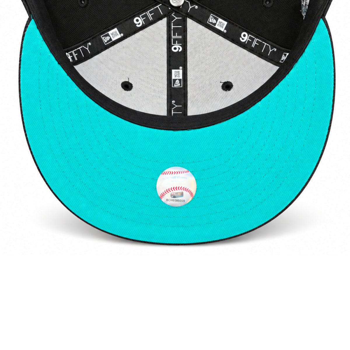 Underside view of Toronto Blue Jays New Era 9FIFTY snapback hat featuring bright teal undervisor, black interior taping and Cooperstown label