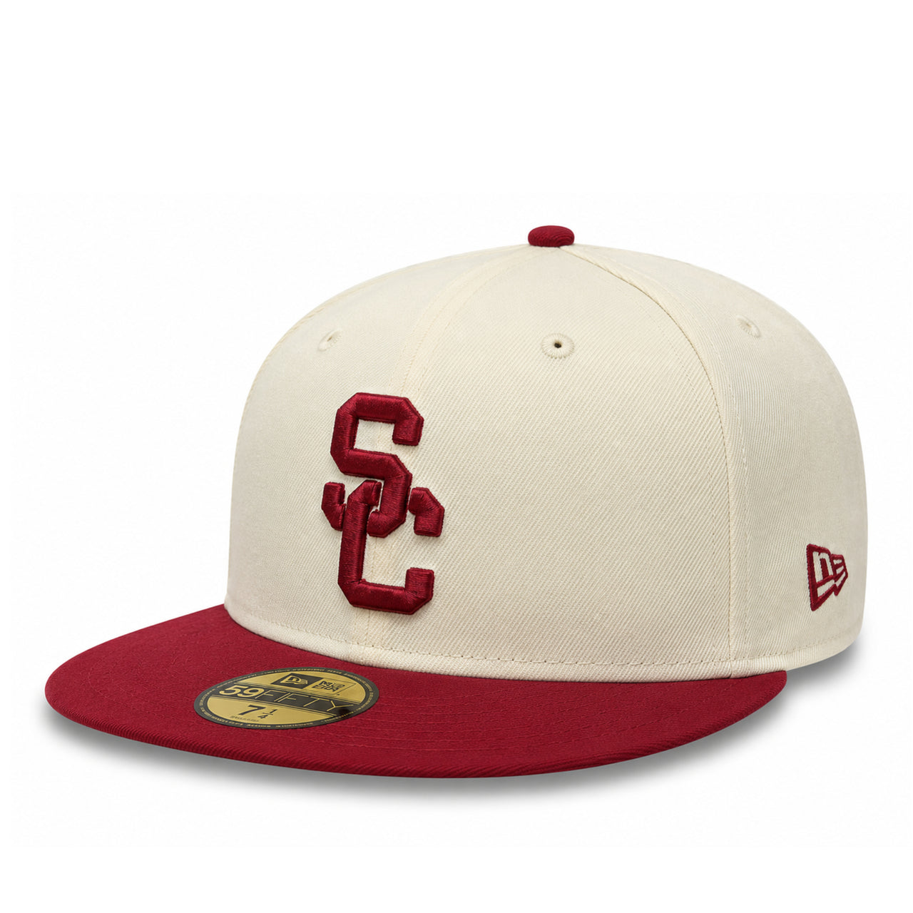 New Era USC Trojans Chrome Burgundy 59FIFTY Fitted Hat front angle view