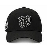 Front view of Washington Nationals New Era 9FORTY A-Frame black snapback with black W logo and white outline