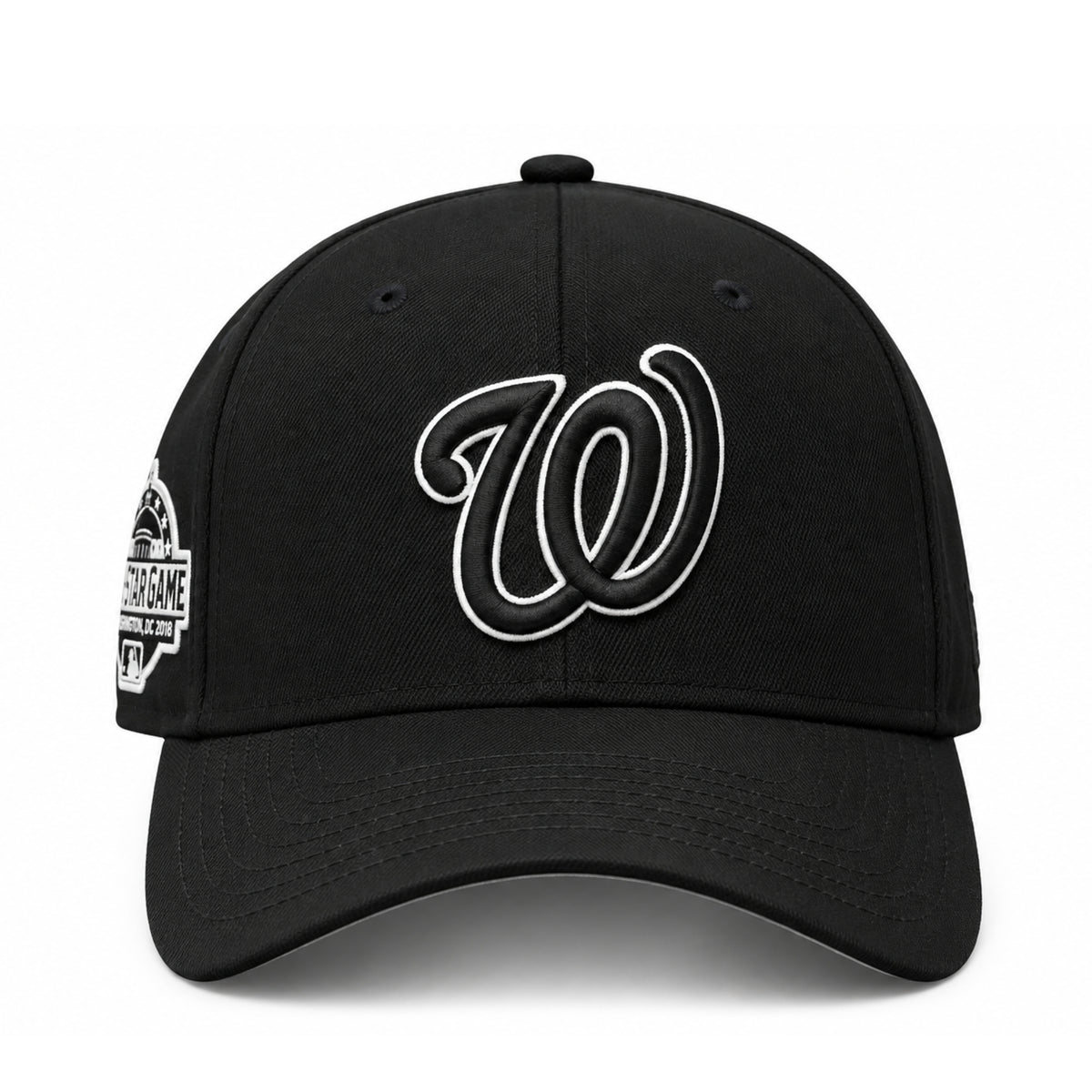 Front view of Washington Nationals New Era 9FORTY A-Frame black snapback with black W logo and white outline