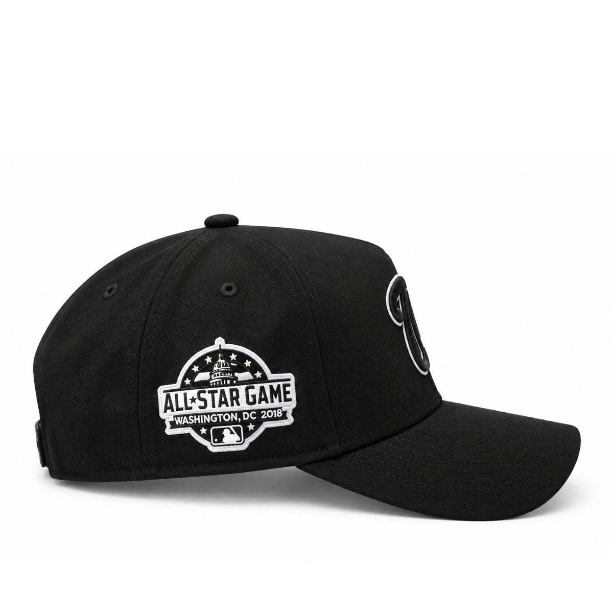 Side view of black Washington Nationals 9FORTY A-Frame hat featuring the 2018 MLB All-Star Game Washington DC patch