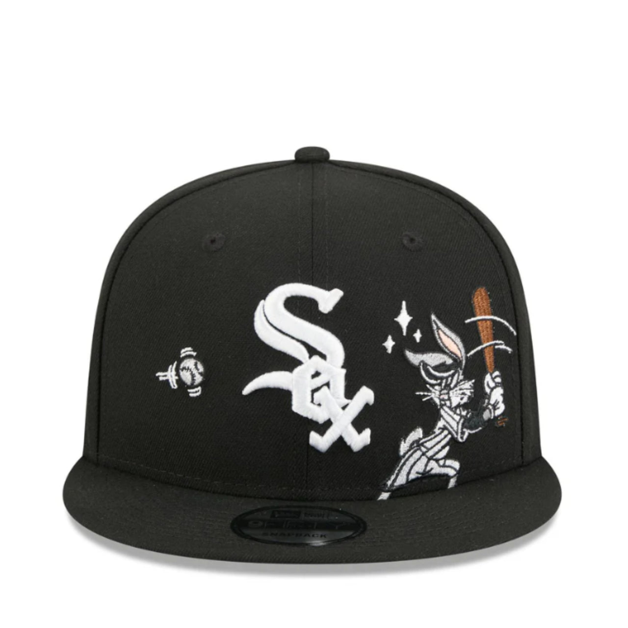 New Era Chicago White Sox Bugs Bunny Looney Tunes 9FIFTY snapback hat black front view with embroidered White Sox logo and Bugs Bunny design