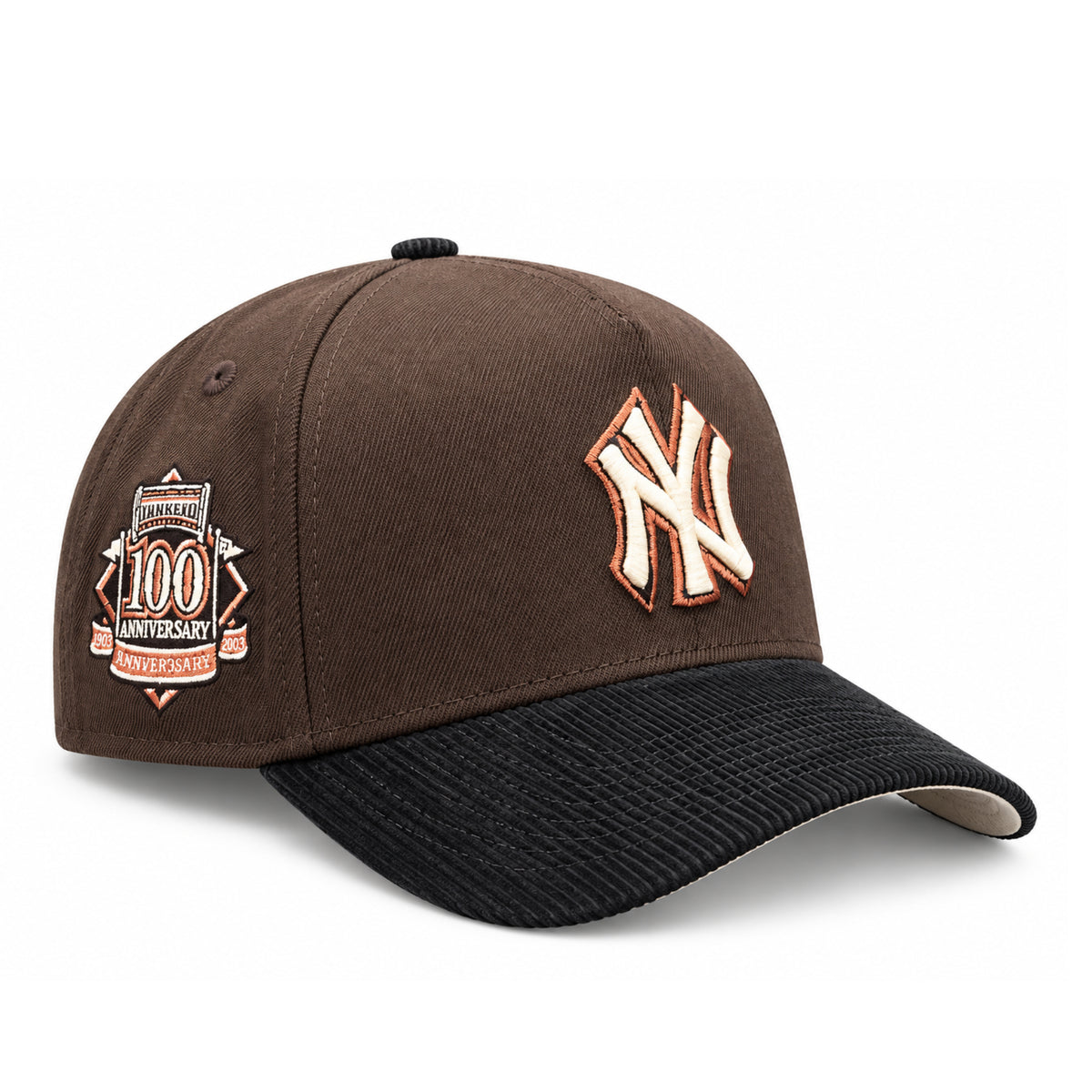 New Era New York Yankees 100th Anniversary 9FORTY A-Frame snapback with brown crown, black corduroy visor, cream NY logo and commemorative side patch