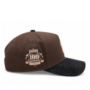 Side profile of New Era Yankees brown 9FORTY A-Frame snapback showing the 100th Anniversary embroidered patch and black corduroy curved brim