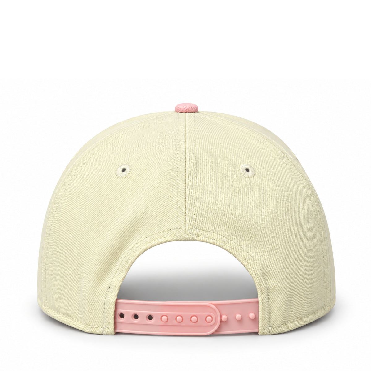 Back view of New Era Yankees Chrome Pink 9FORTY A-Frame snapback hat with cream crown and adjustable pink snapback closure