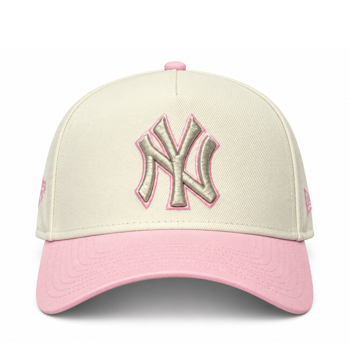 Front view of New Era Yankees 1960 All-Star Game Chrome Pink 9FORTY A-Frame snapback featuring raised NY logo with pink outline