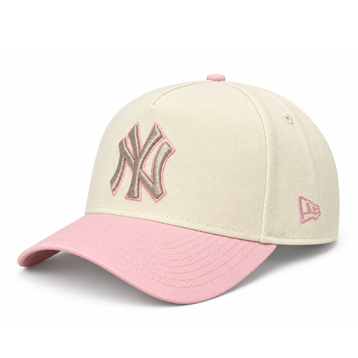 Opposite angle of New Era New York Yankees Chrome Pink 9FORTY A-Frame snapback with pink embroidered New Era flag