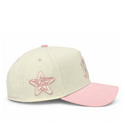 Side view of New Era Yankees Chrome Pink 9FORTY A-Frame hat showing the embroidered 1960 All-Star Game star patch