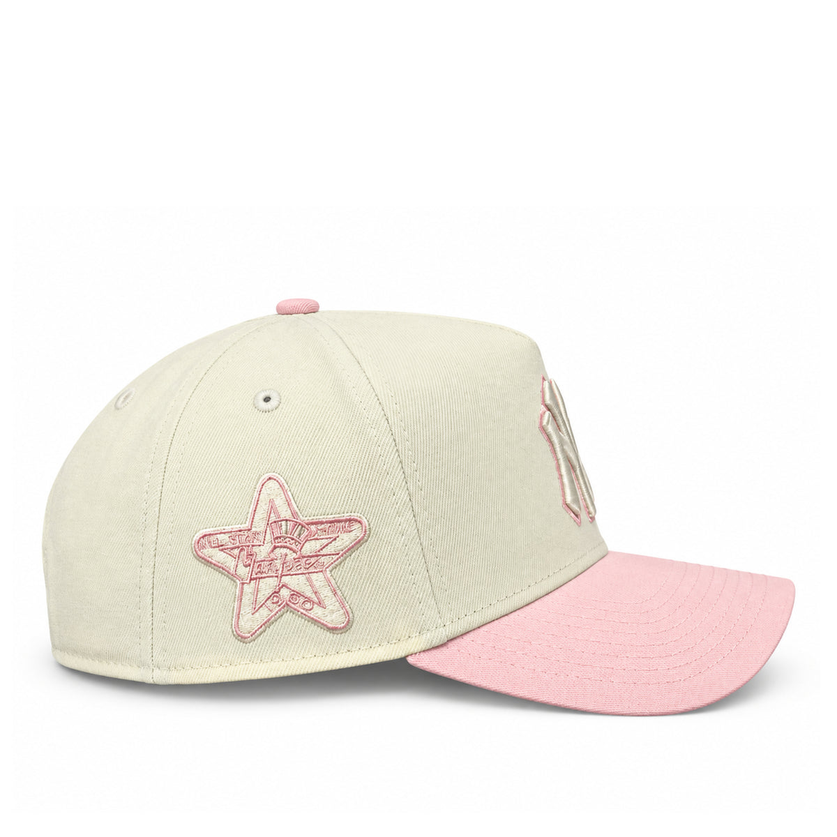 Side view of New Era Yankees Chrome Pink 9FORTY A-Frame hat showing the embroidered 1960 All-Star Game star patch