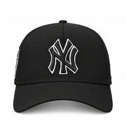 Front view of New Era New York Yankees Subway Series black 9FORTY A-Frame snapback with raised black NY logo and white outline
