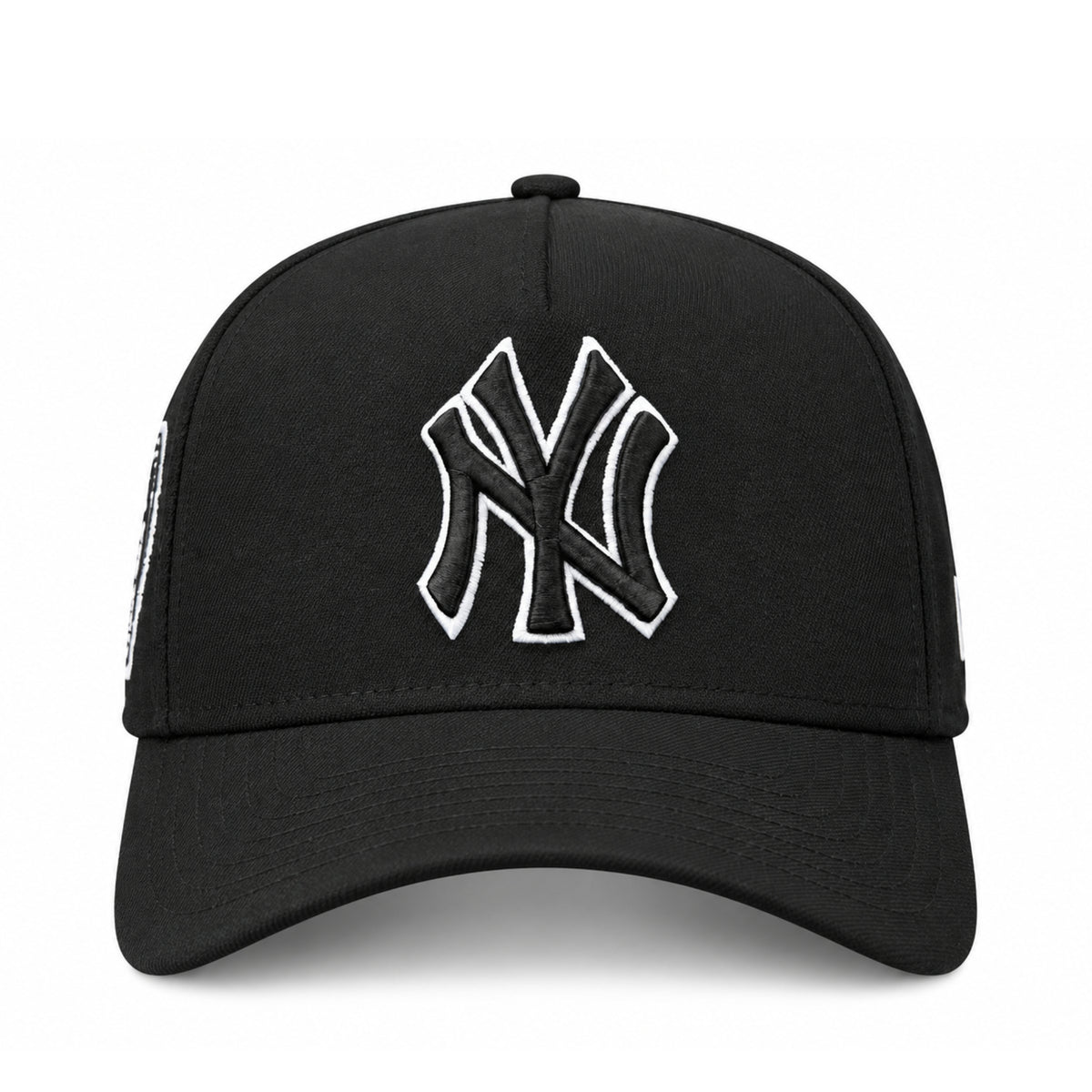 Front view of New Era New York Yankees Subway Series black 9FORTY A-Frame snapback with raised black NY logo and white outline