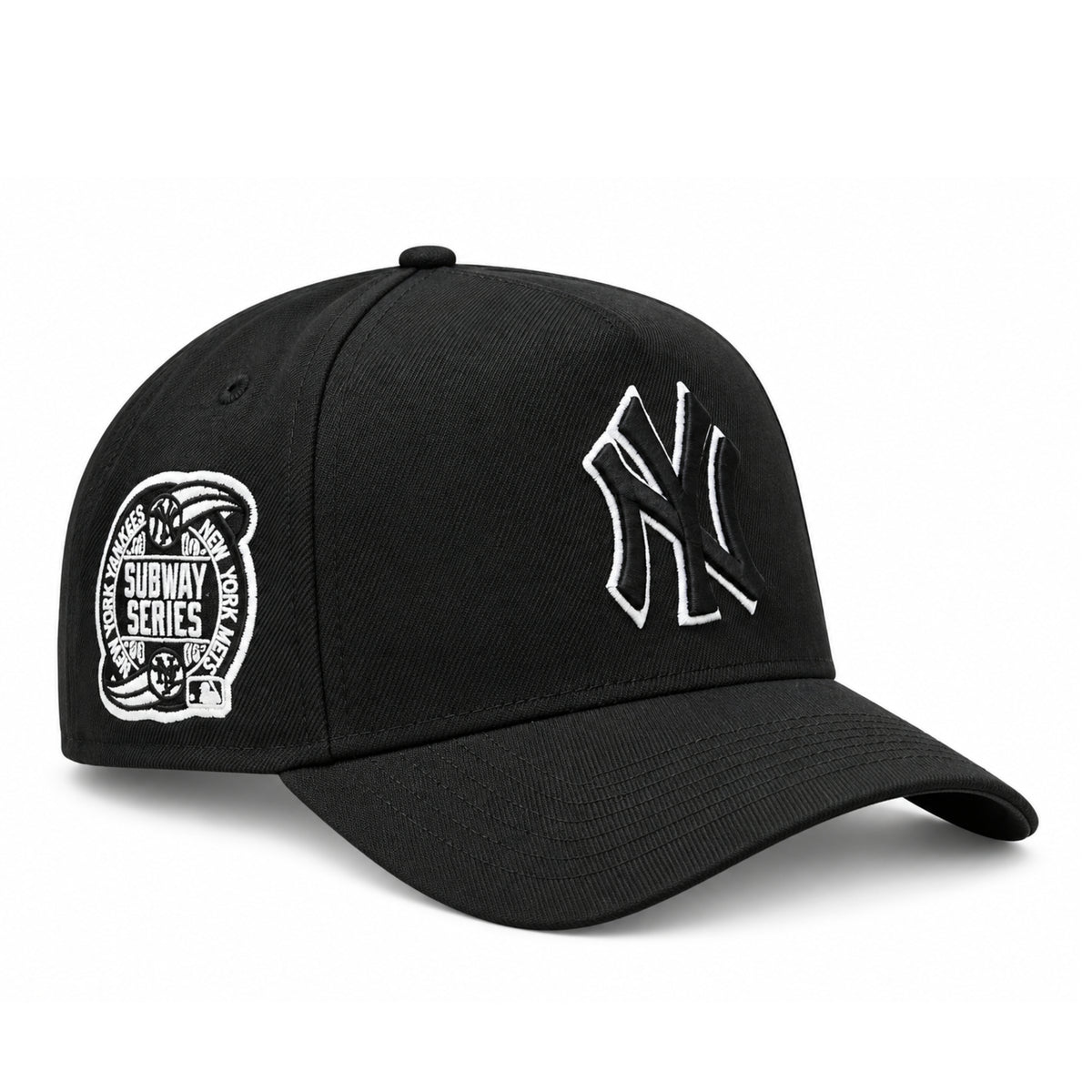 Opposite side angle of New Era Yankees Subway Series black 9FORTY A-Frame snapback with white New Era flag embroidery