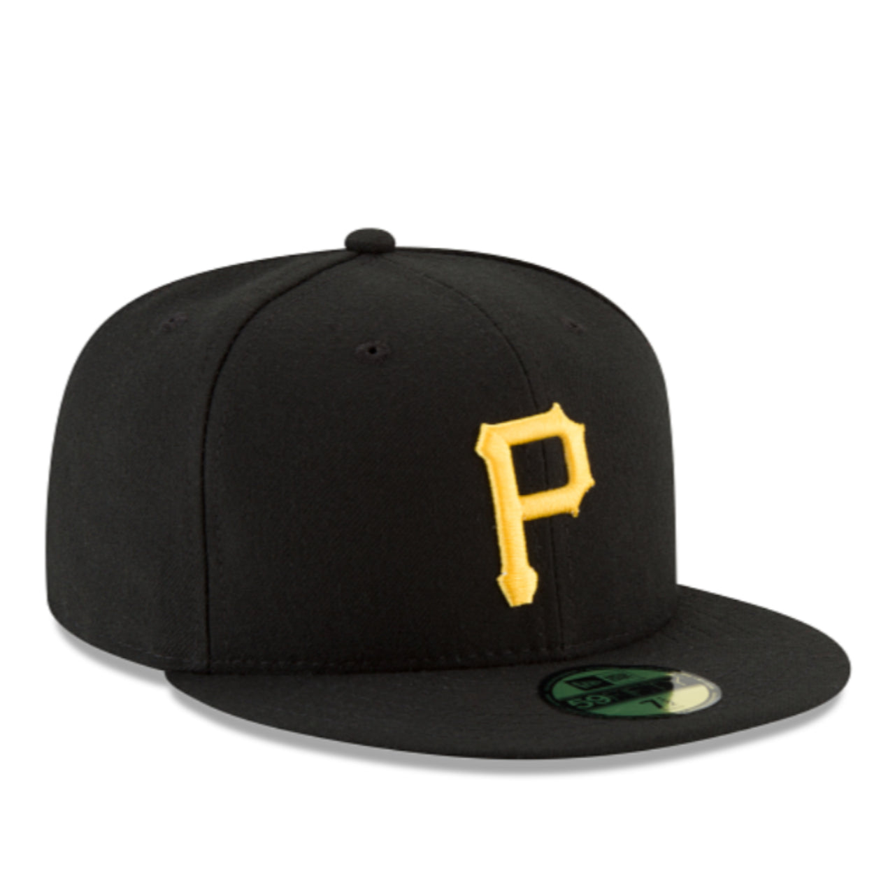 angled view of New Era Youth Pittsburgh Pirates Black 59FIFTY Fitted Hat with gold Pirates logo on black crown