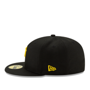 Black cap with blue logo on a white background